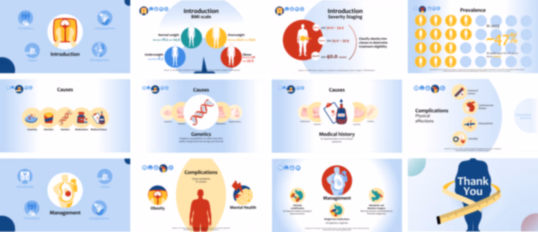 Obesity presentation slides preview showing risk factors, BMI classification, health effects, and treatment strategies