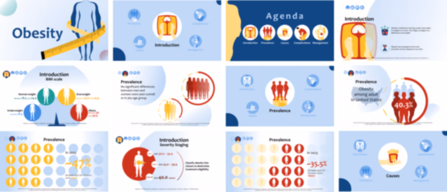 Obesity healthcare pitch deck example with infographics, lifestyle interventions, and structured presentation design