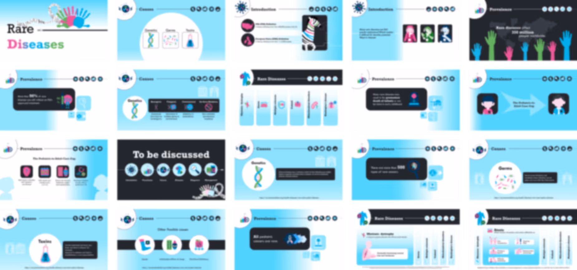 Rare disease healthcare pitch deck example with infographics, patient data visuals, and structured presentation design