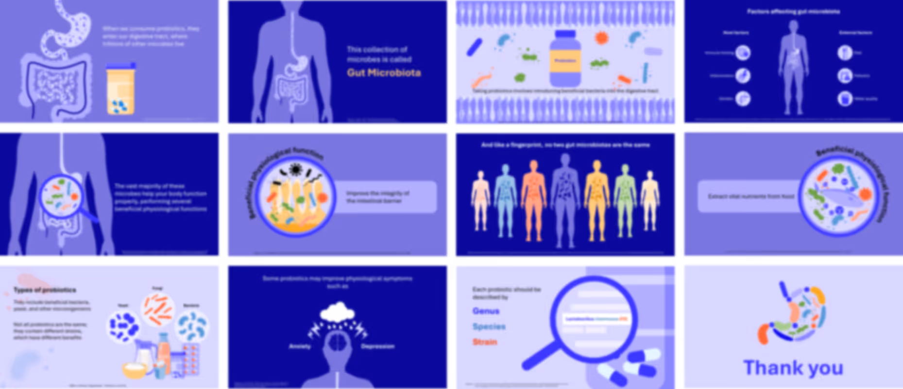 Probiotics medical pitch deck example with gut health visuals, data infographics, and presentation design