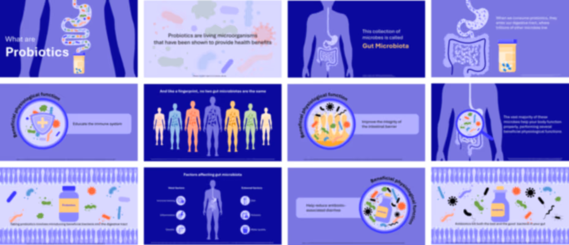 Ready-made probiotics healthcare slide deck with microbiota data, charts, and clinical explanations