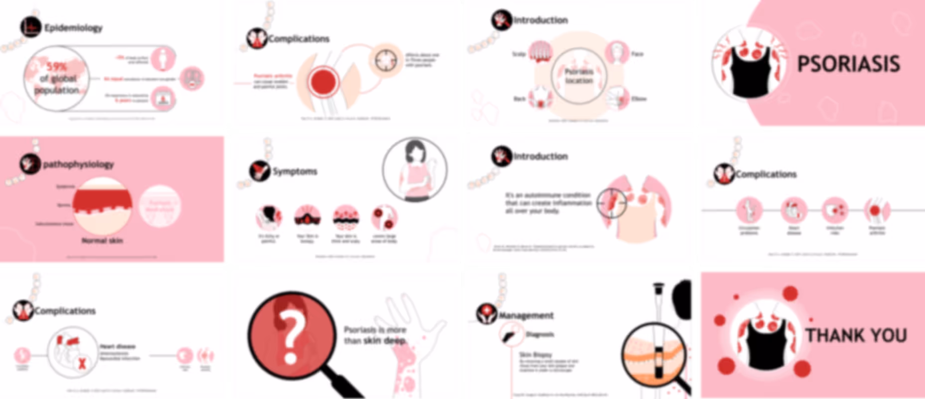 Ready-made psoriasis medical slide deck with clinical features, skin condition visuals, and healthcare explanations