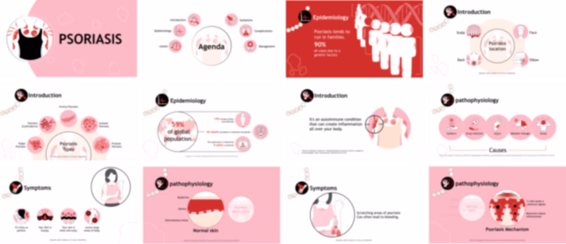 Psoriasis healthcare pitch deck example with dermatology visuals, treatment approaches, and structured presentation design
