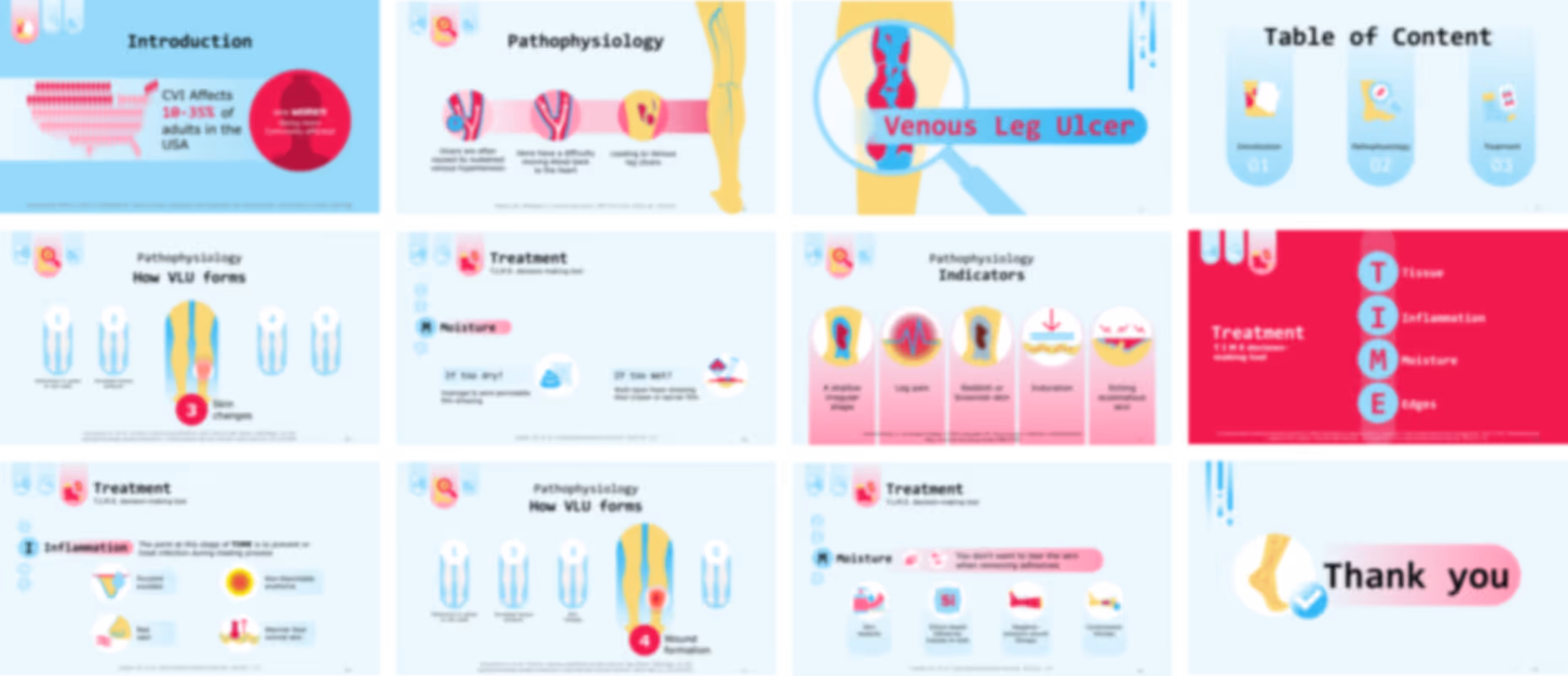 Venous leg ulcer presentation slides preview showing venous insufficiency, symptoms, diagnosis, and treatment options