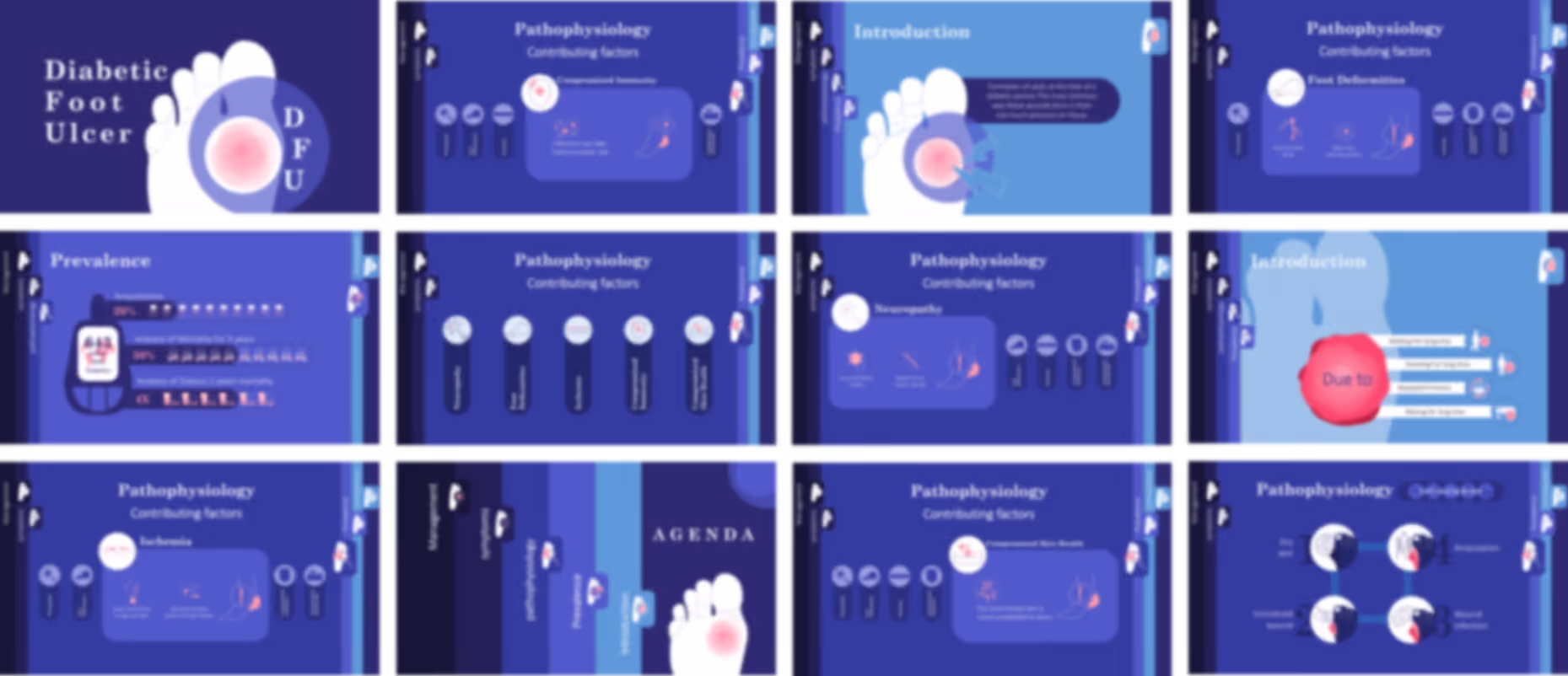 Diabetic foot ulcer healthcare pitch deck example with wound visuals, treatment methods, and presentation design