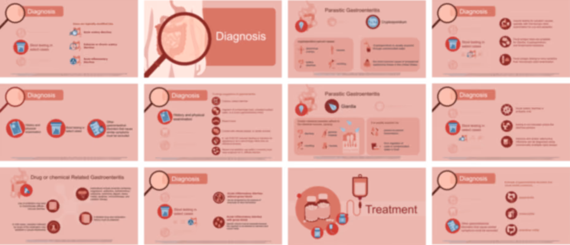 Ready-made gastroenteritis medical slide deck with infection causes, clinical features, and healthcare explanations