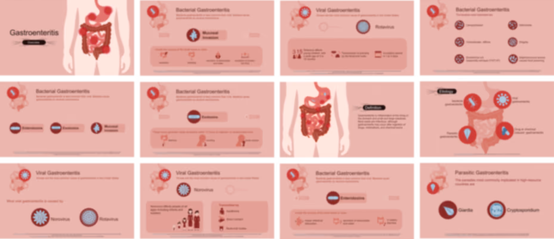 Gastroenteritis healthcare pitch deck example with digestive system visuals and structured presentation design