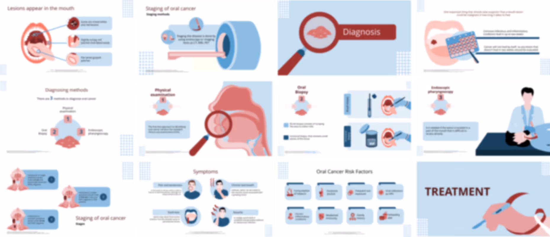 Oral cancer presentation slides preview showing symptoms, risk factors, diagnosis, and treatment options