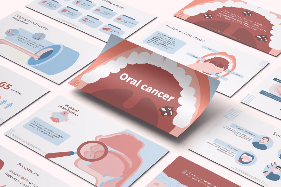 Oral cancer PowerPoint presentation for oncology dental education with mouth cancer visuals, oral pathology diagrams, and healthcare awareness slides