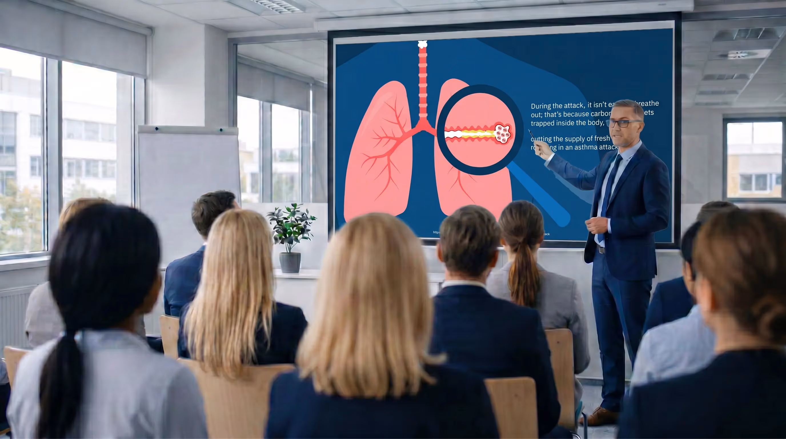 Medical educator presenting asthma airway inflammation and bronchoconstriction mechanism diagram during respiratory training session