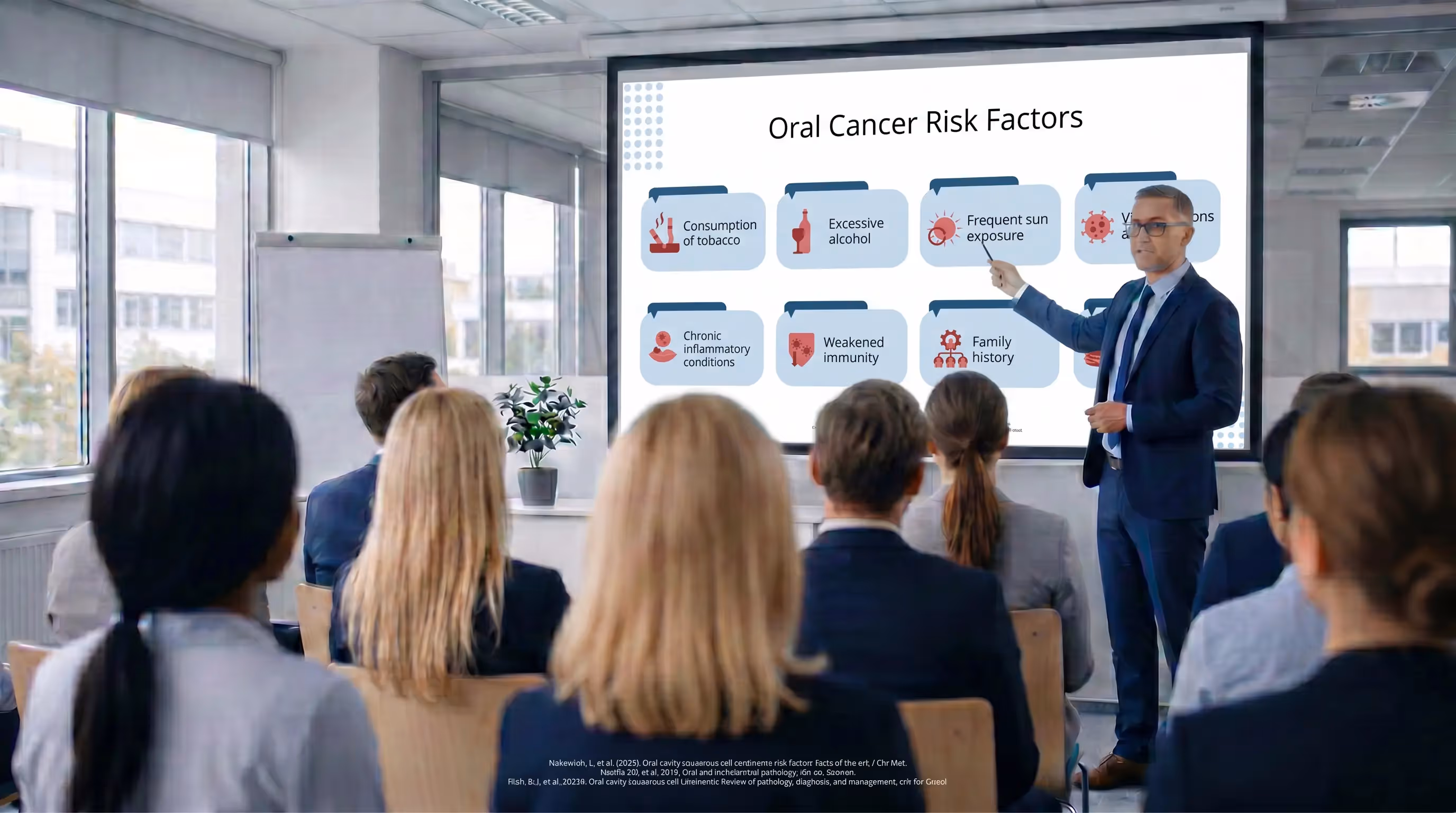Medical educator presenting oral cancer risk factors during clinical healthcare training session