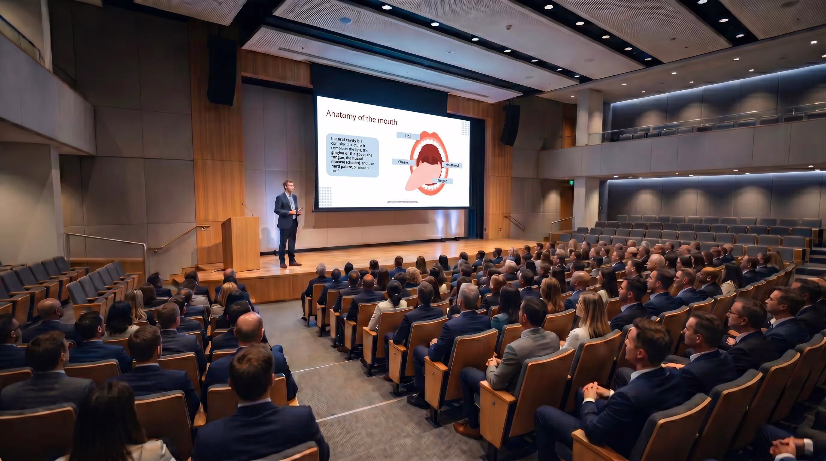 Medical conference presentation explaining oral cavity anatomy and mouth structure during healthcare education seminar