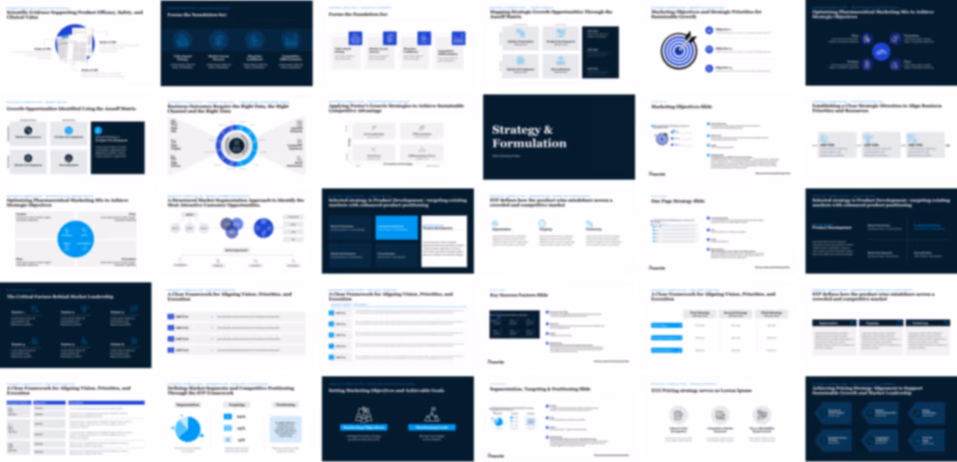 Pharma strategic plan PowerPoint template with executive presentation slides for business objectives, strategic frameworks, market insights, and implementation timelines