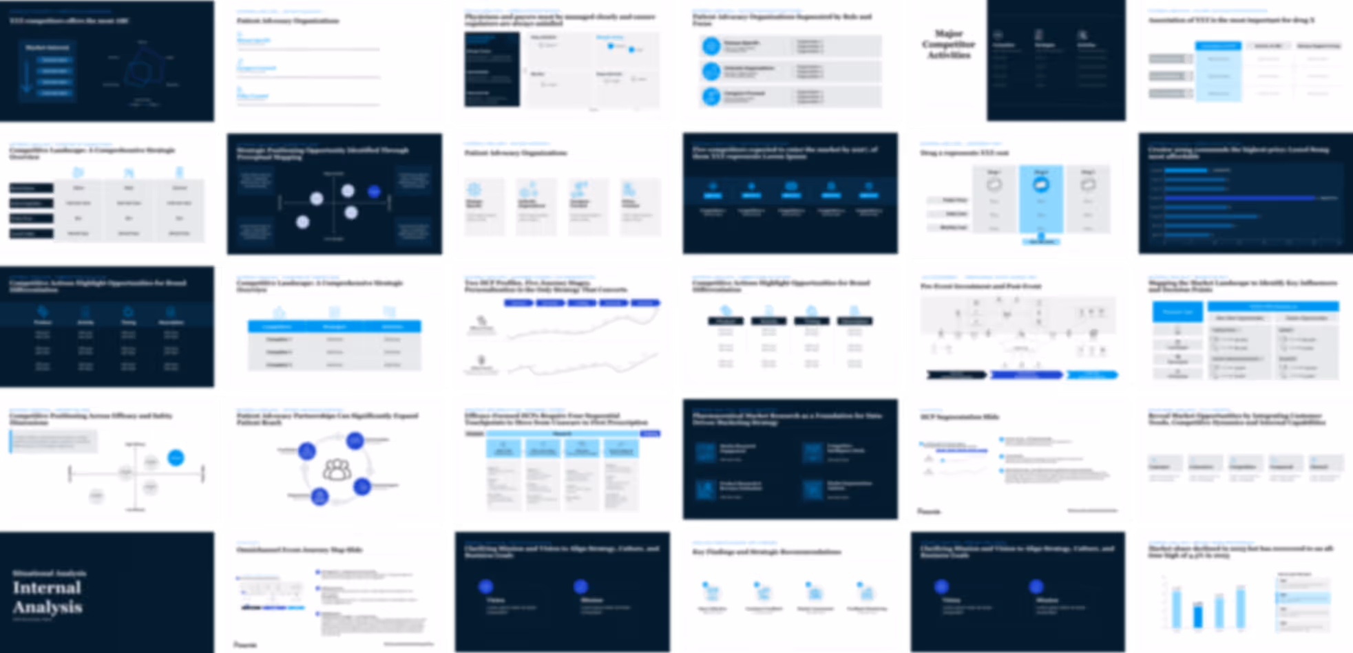 Pharmaceutical commercial strategy presentation template including consulting-style slides for revenue growth, sales planning, market expansion, and launch readiness