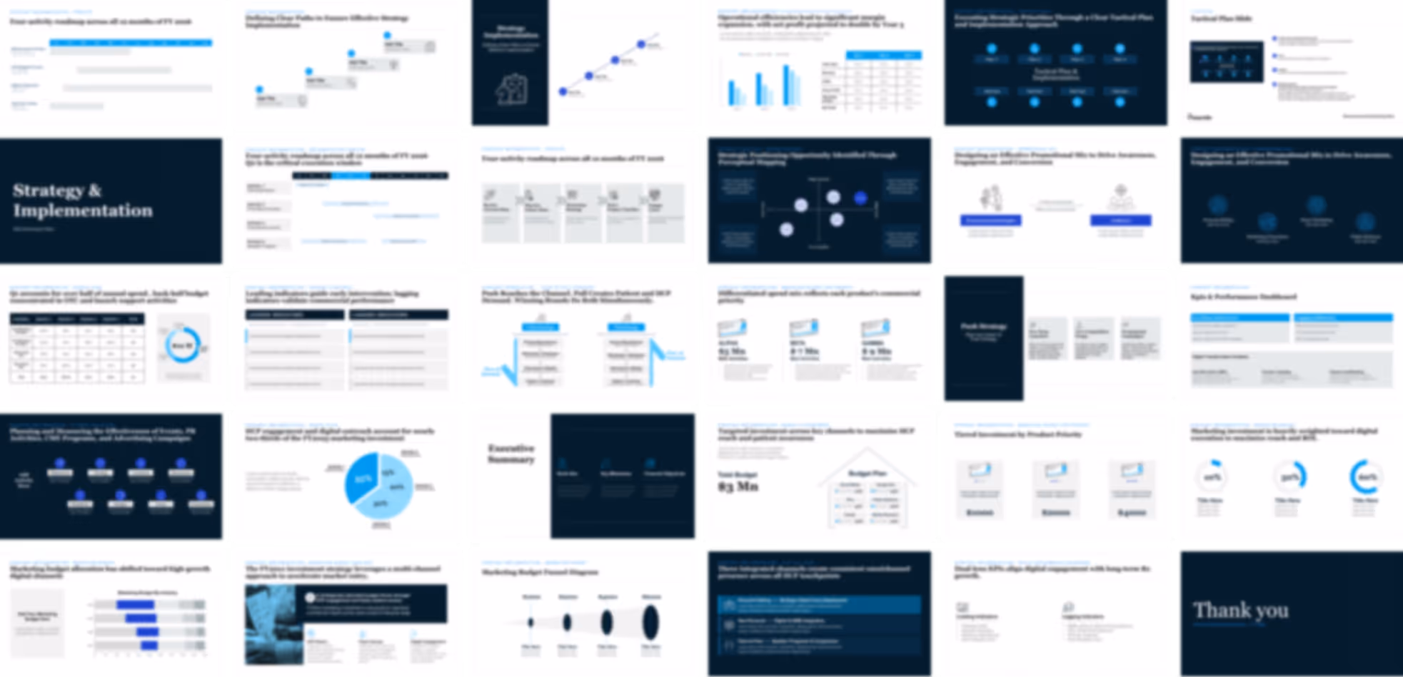 Pharmaceutical marketing plan PowerPoint template displaying structured slides for campaign planning, budget allocation, market access, and performance tracking