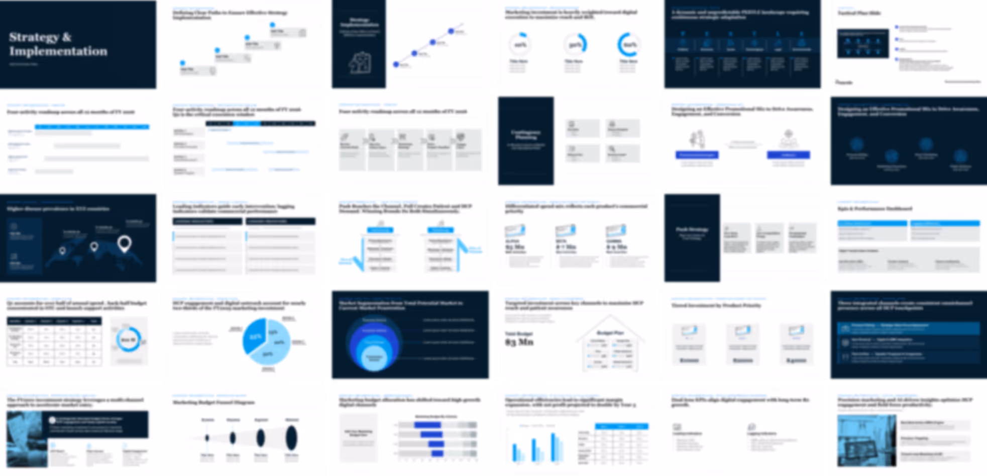Pharma brand strategy PowerPoint template featuring executive layouts for commercial planning, positioning strategy, customer journey mapping, and growth opportunities