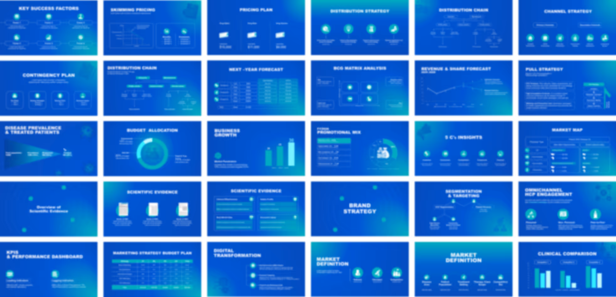 Pharma marketing strategy presentation template displaying modern business slides for HCP engagement, market access strategy, digital campaigns, and product growth initiatives