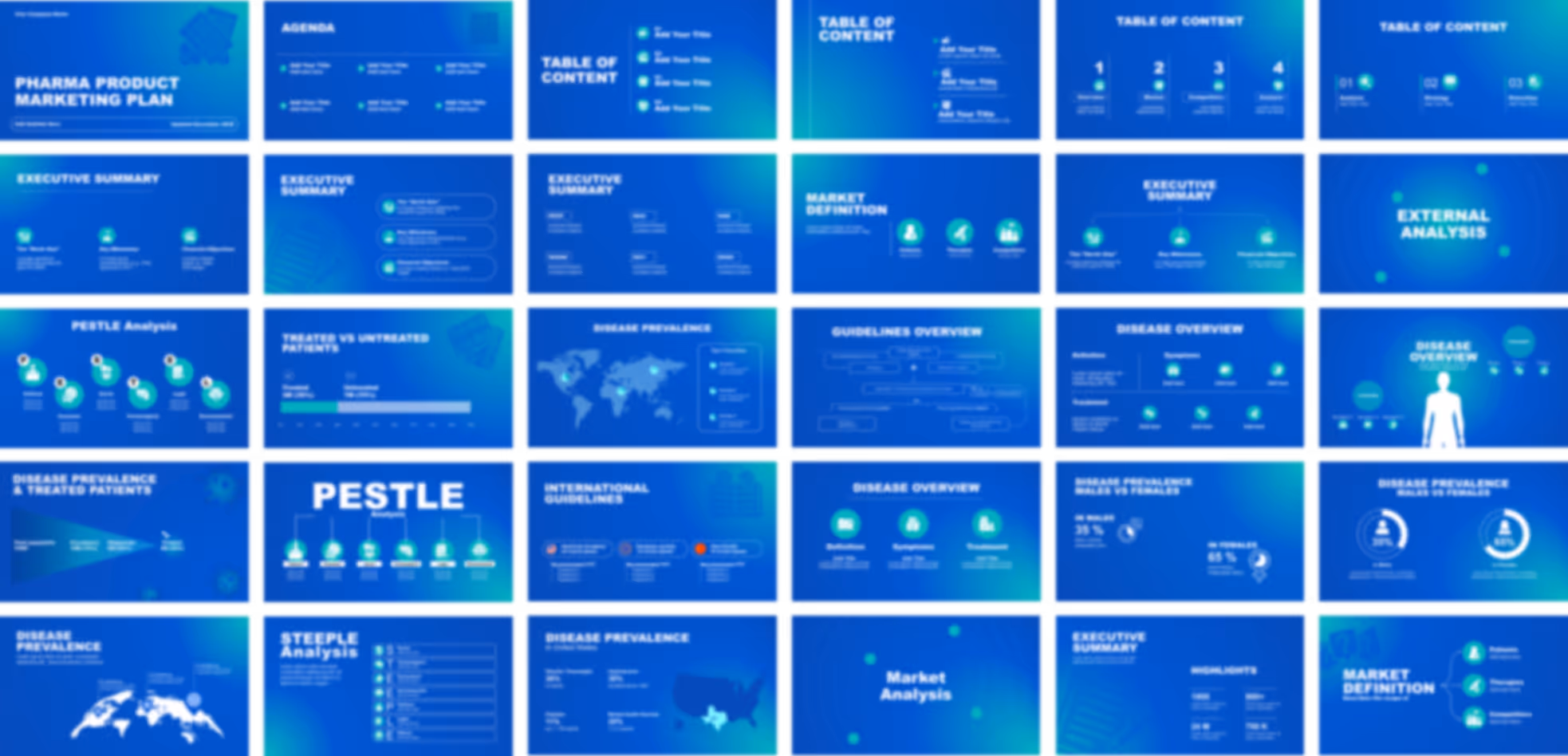 Pharmaceutical brand plan presentation template with consulting-style slides for market insights, competitive analysis, positioning strategy, customer segmentation, and tactical planning