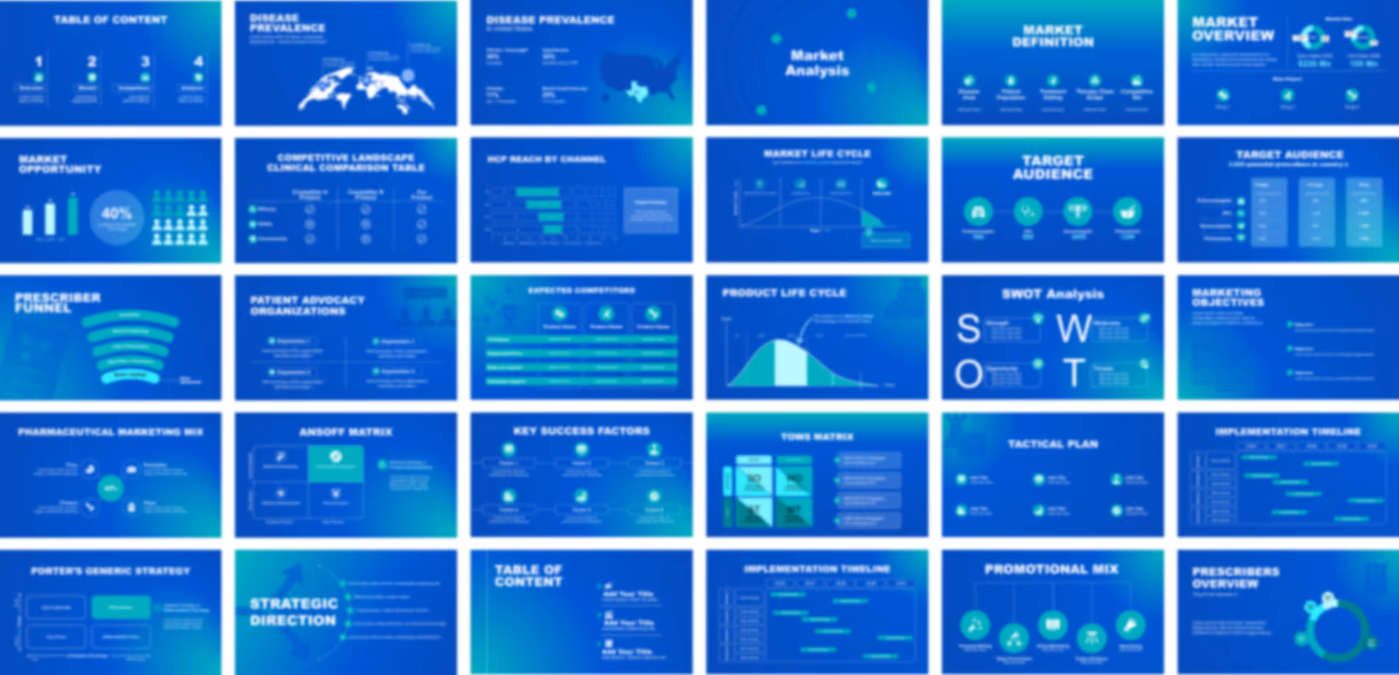 Pharmaceutical marketing plan PowerPoint template with editable presentation slides covering SWOT analysis, marketing objectives, launch strategy, and performance tracking