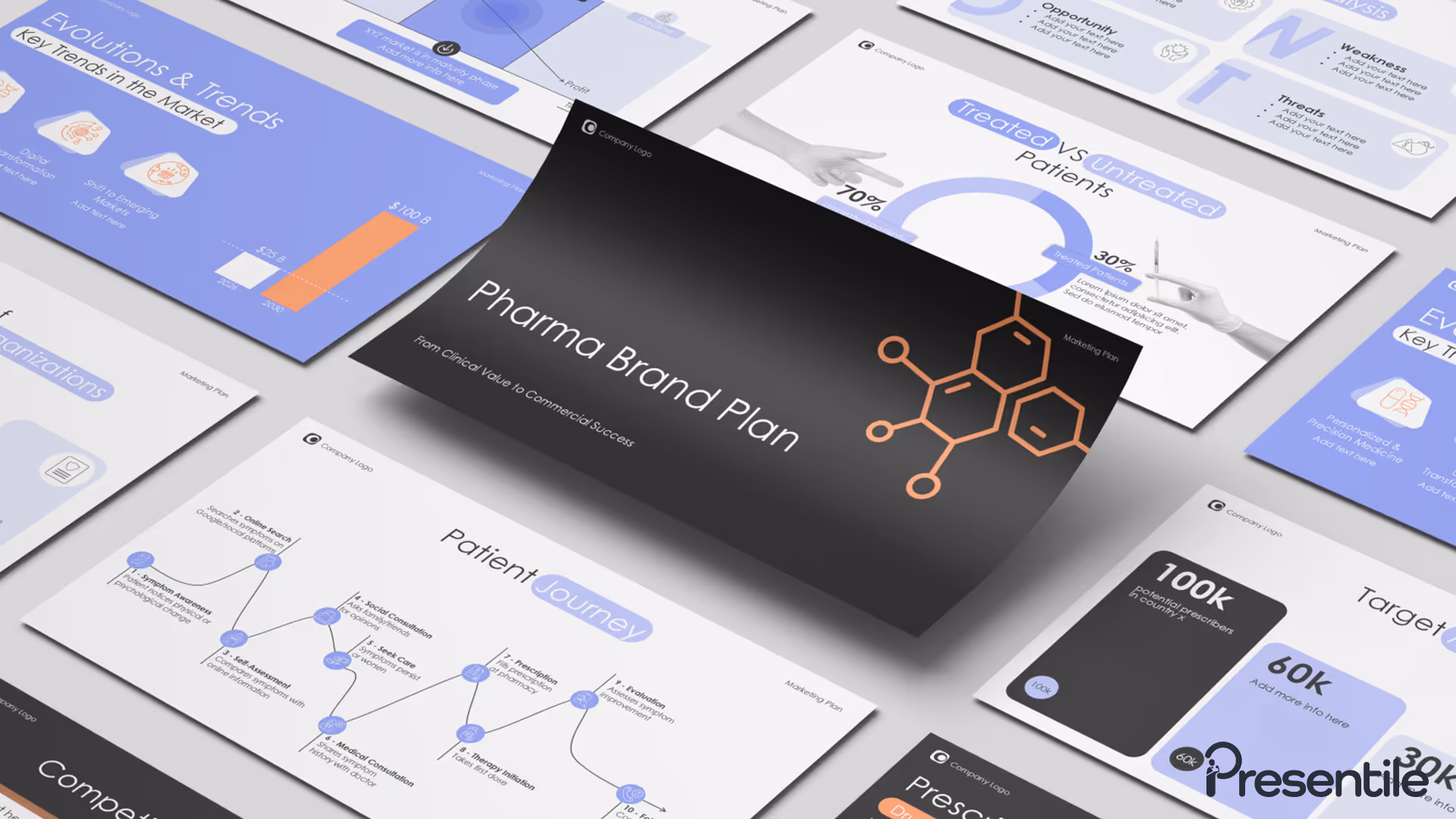Pharma marketing plan PowerPoint template slide thumbnails with strategic planning layouts and healthcare business frameworks
