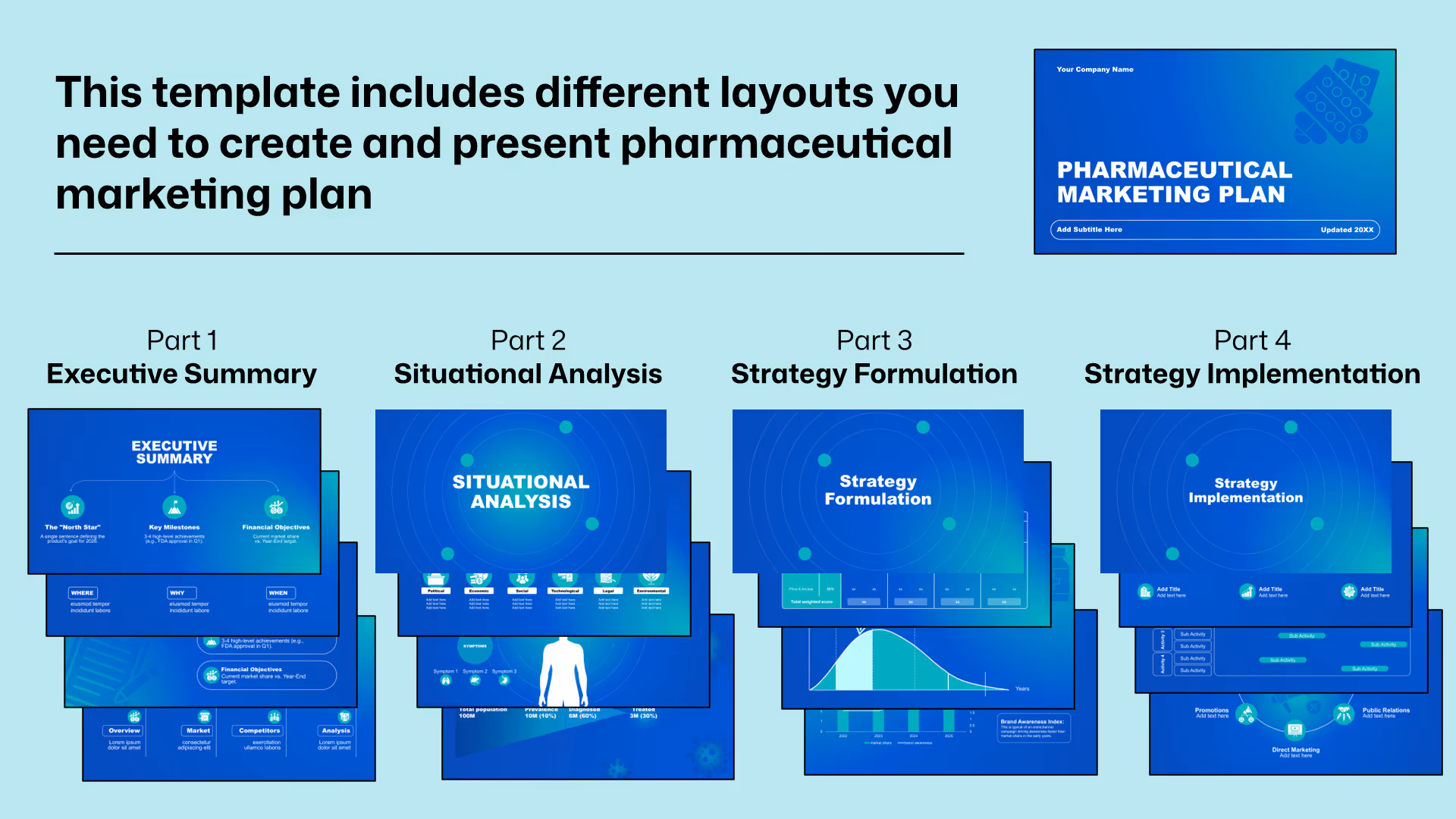 Pharmaceutical marketing plan PowerPoint template preview showing strategy and launch planning slides
