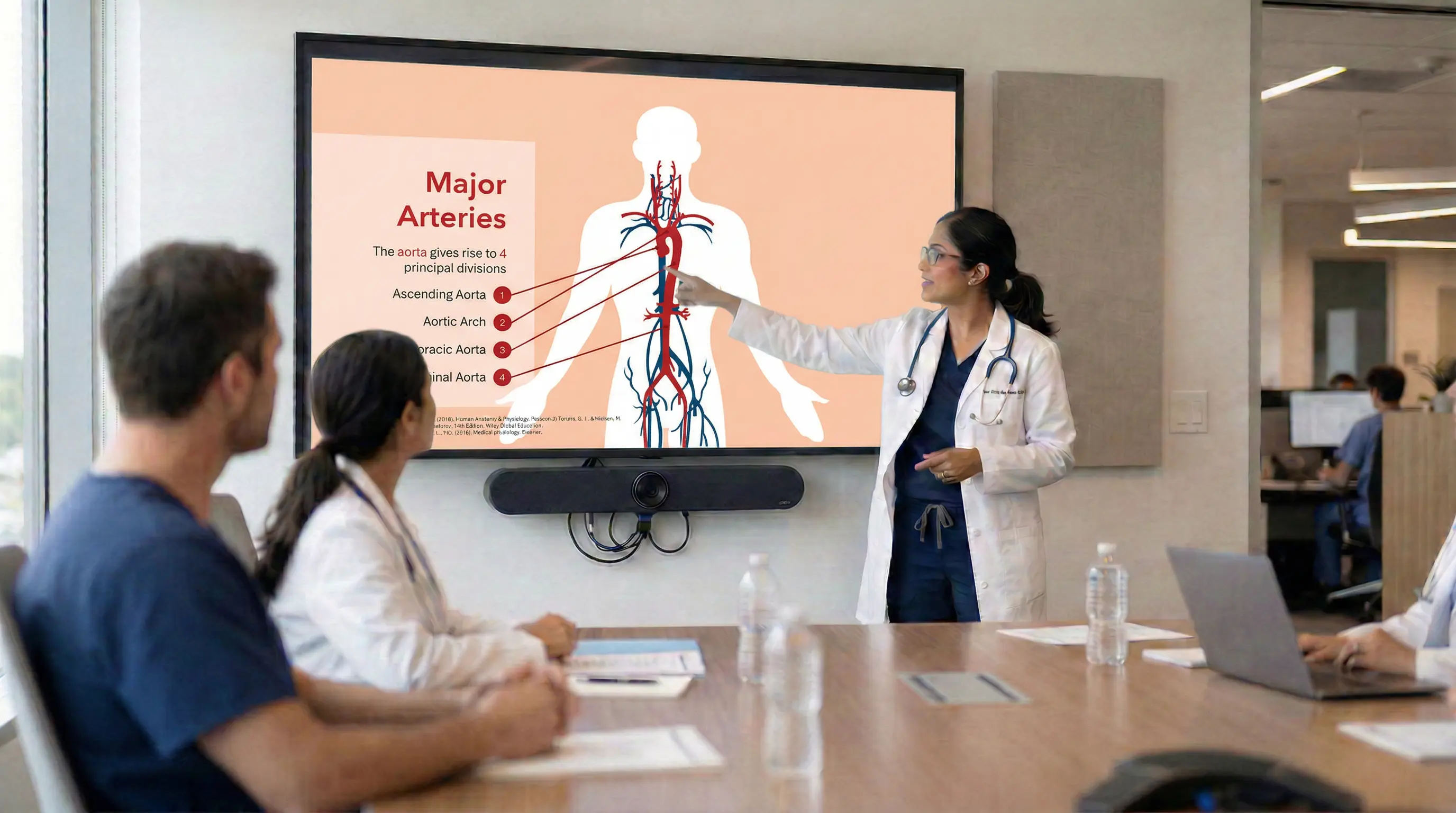 Major arteries anatomy slide showing aorta branches and systemic arterial circulation pathways during clinical education session