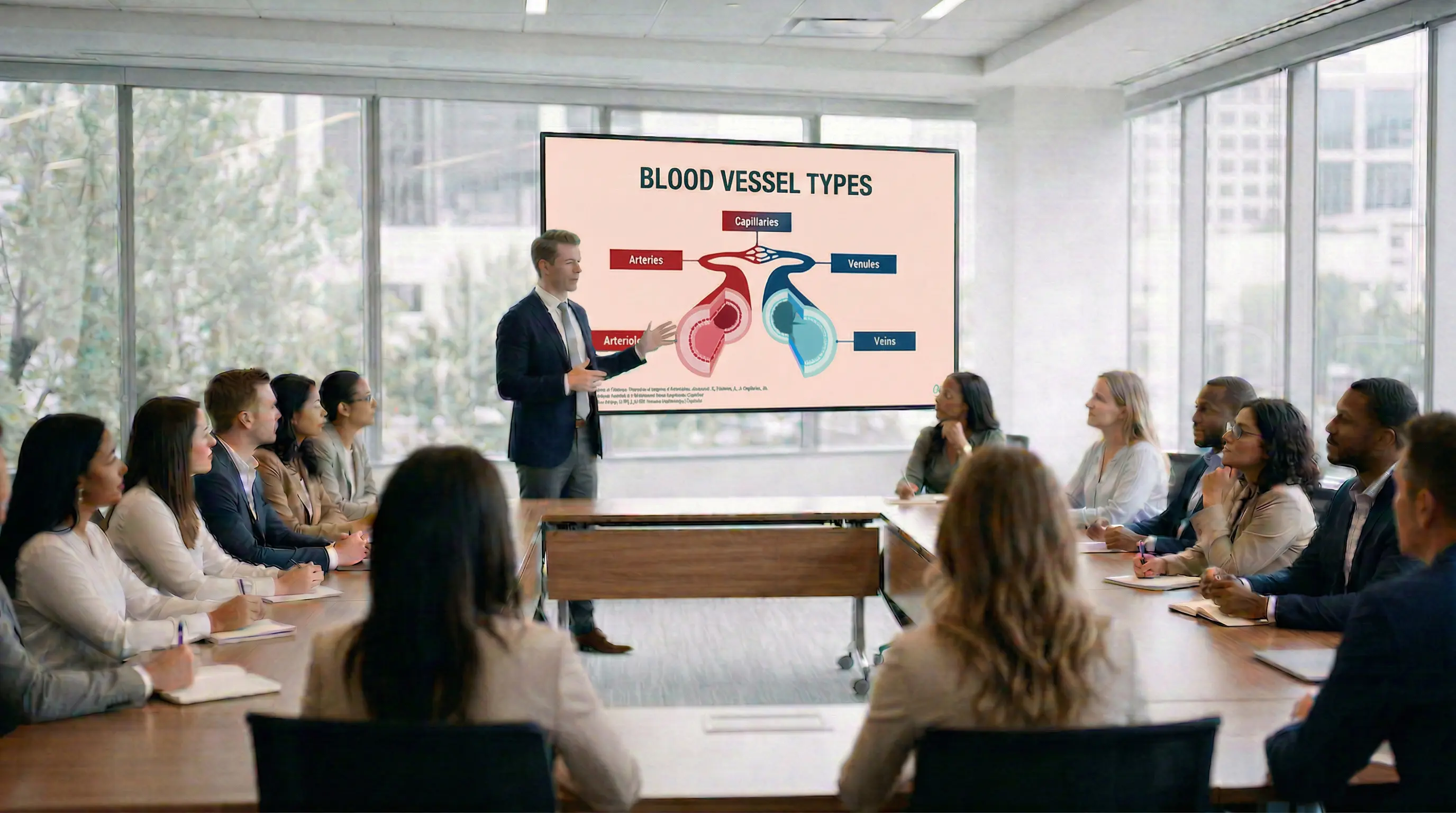 Blood vessel types slide comparing arteries veins venules and capillary circulation pathways during healthcare training session