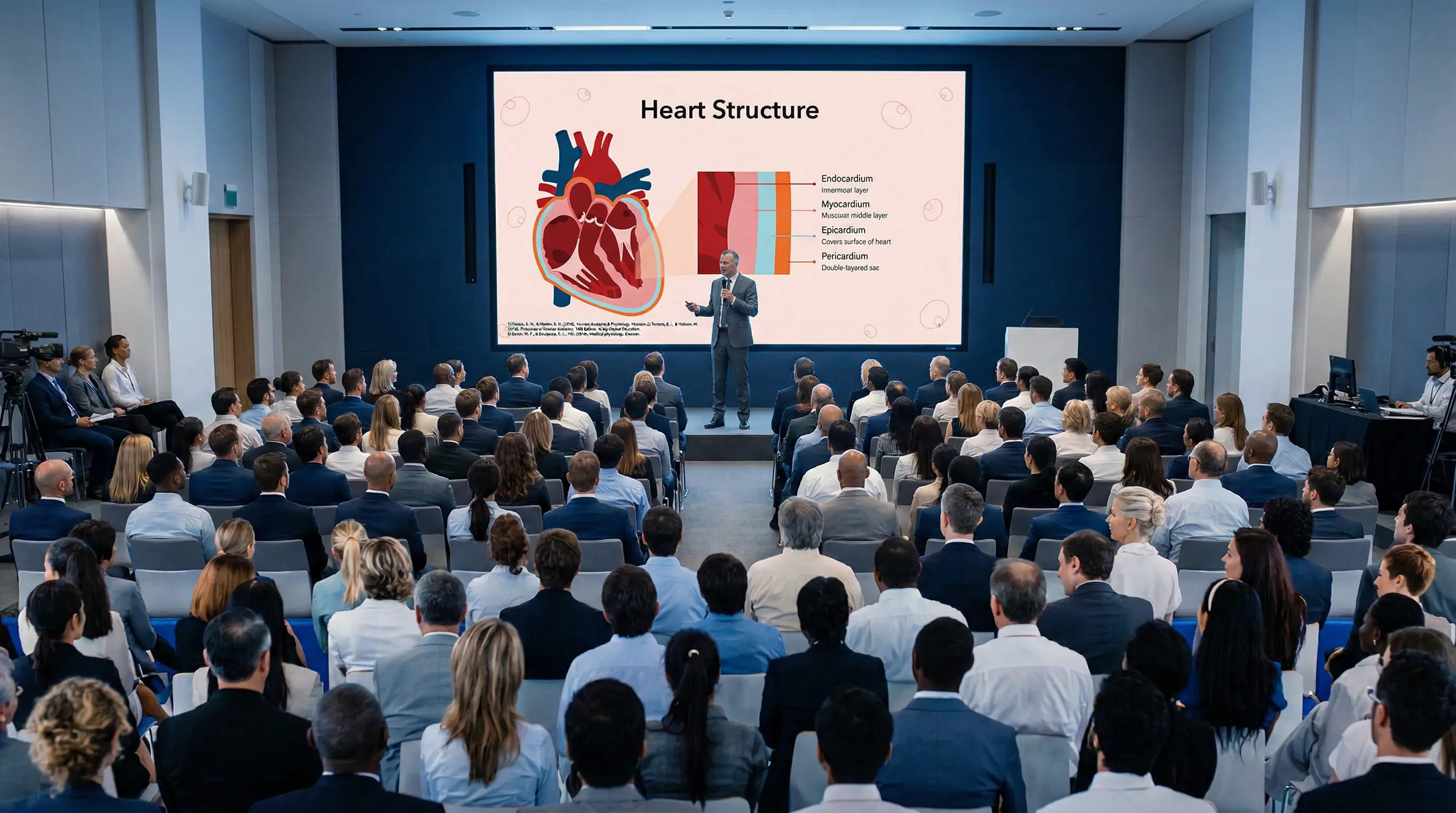 Heart structure slide explaining myocardium endocardium epicardium and pericardium anatomy layers during medical conference presentation