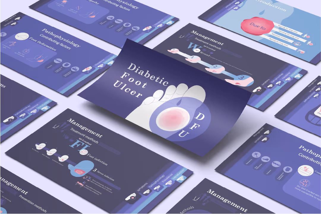 Diabetic foot ulcer PowerPoint presentation for wound care training featuring clinical visuals, ulcer staging diagrams, and medical education slides