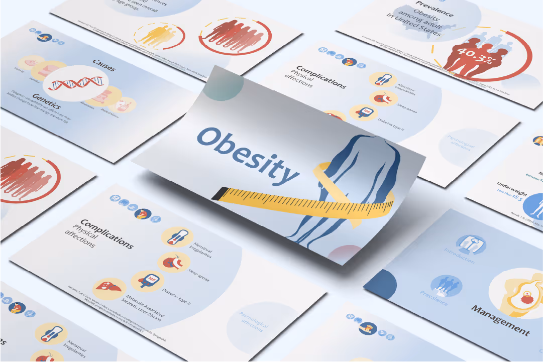 Obesity overview PowerPoint presentation for healthcare education featuring metabolic syndrome diagrams, clinical management visuals, and medical training slides
