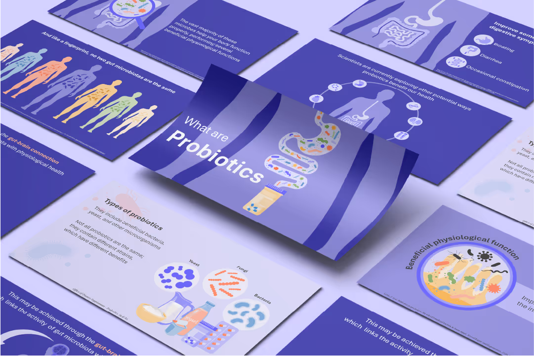 Probiotics overview PowerPoint presentation for gut health education featuring microbiome diagrams, clinical benefits visuals, and medical training slides