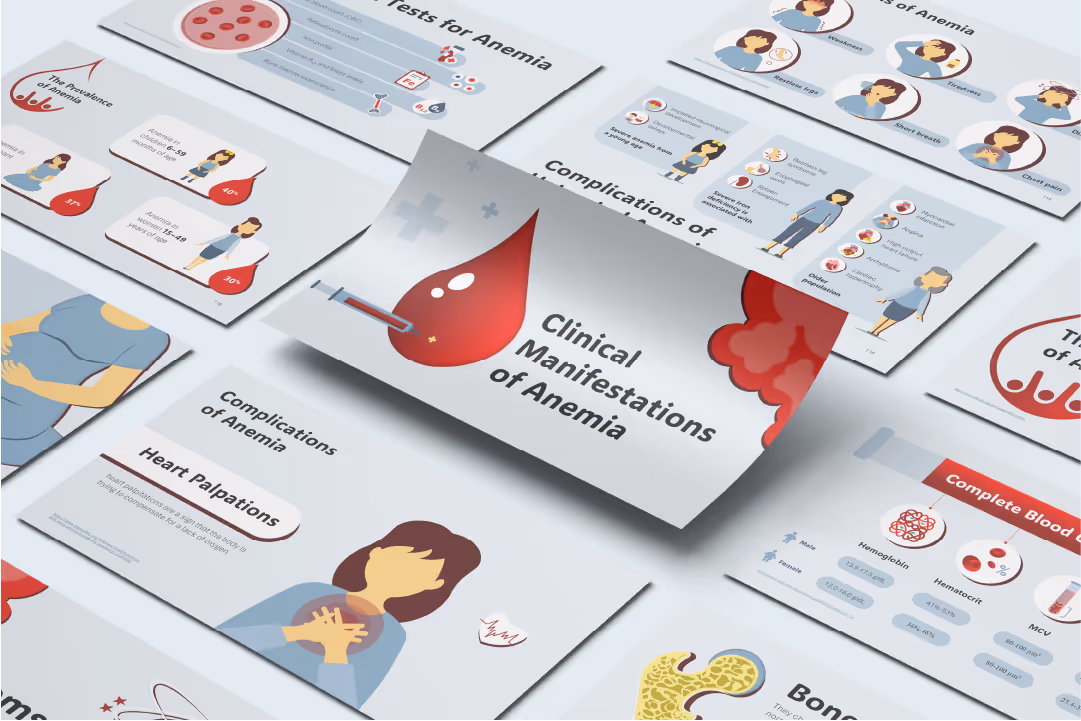 Clinical manifestations of anemia PowerPoint presentation for medical education featuring symptom diagrams, diagnostic visuals, and hematology training slides