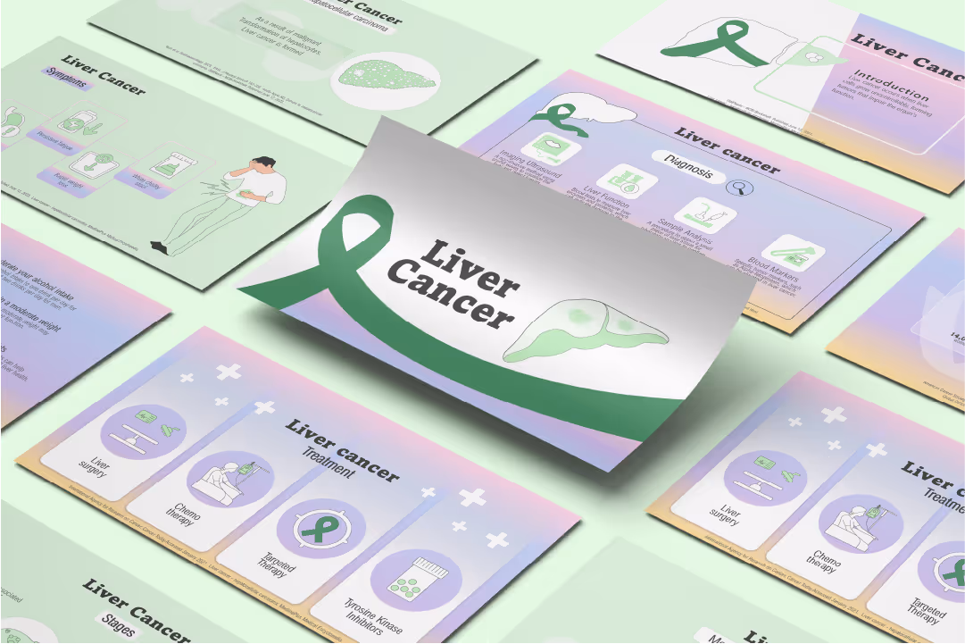 Liver cancer PowerPoint presentation for oncology education featuring hepatocellular carcinoma diagrams, treatment visuals, and clinical training slides