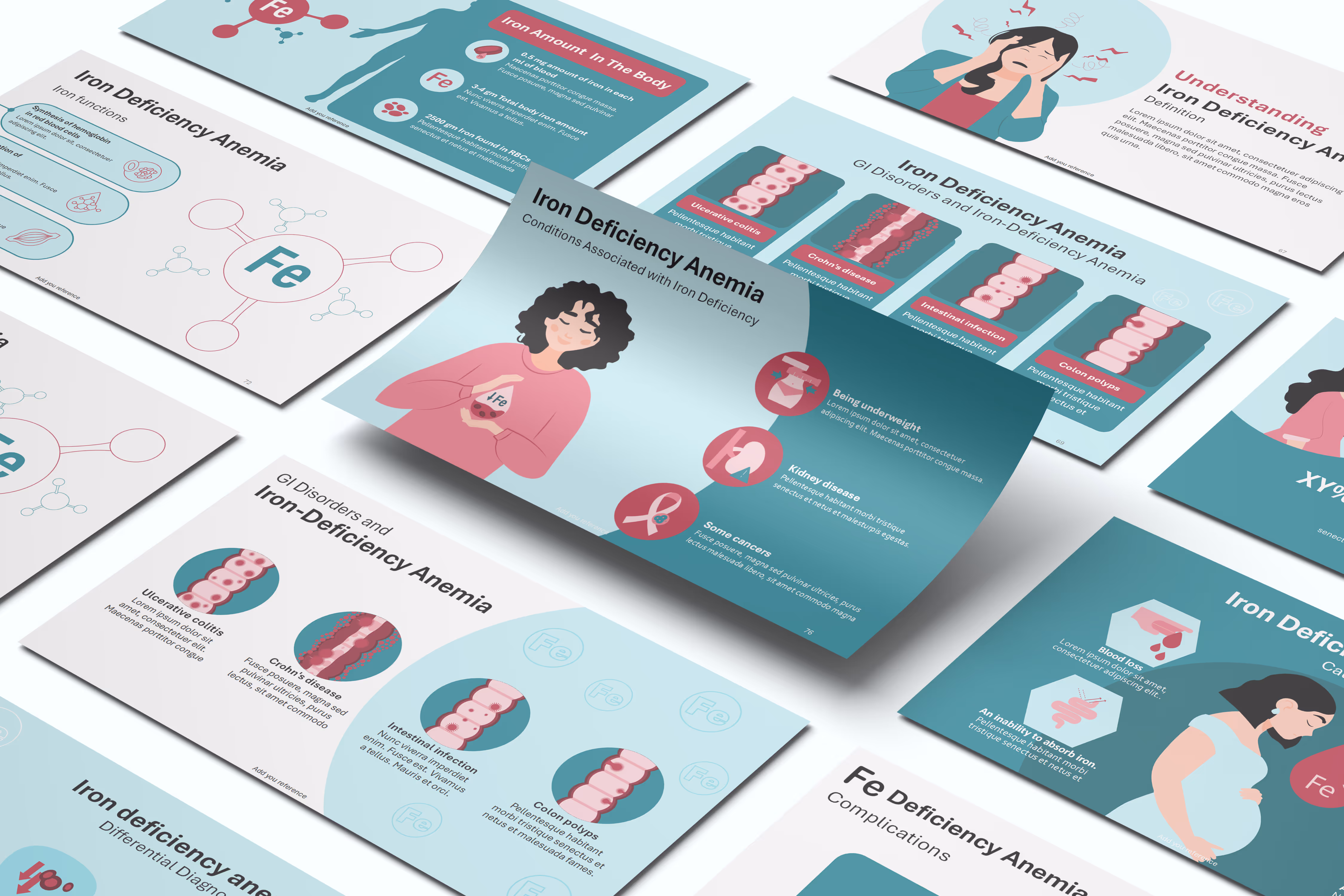 Editable animated iron deficiency anemia medical template slides with hemoglobin diagrams and clinical visuals for hematology training