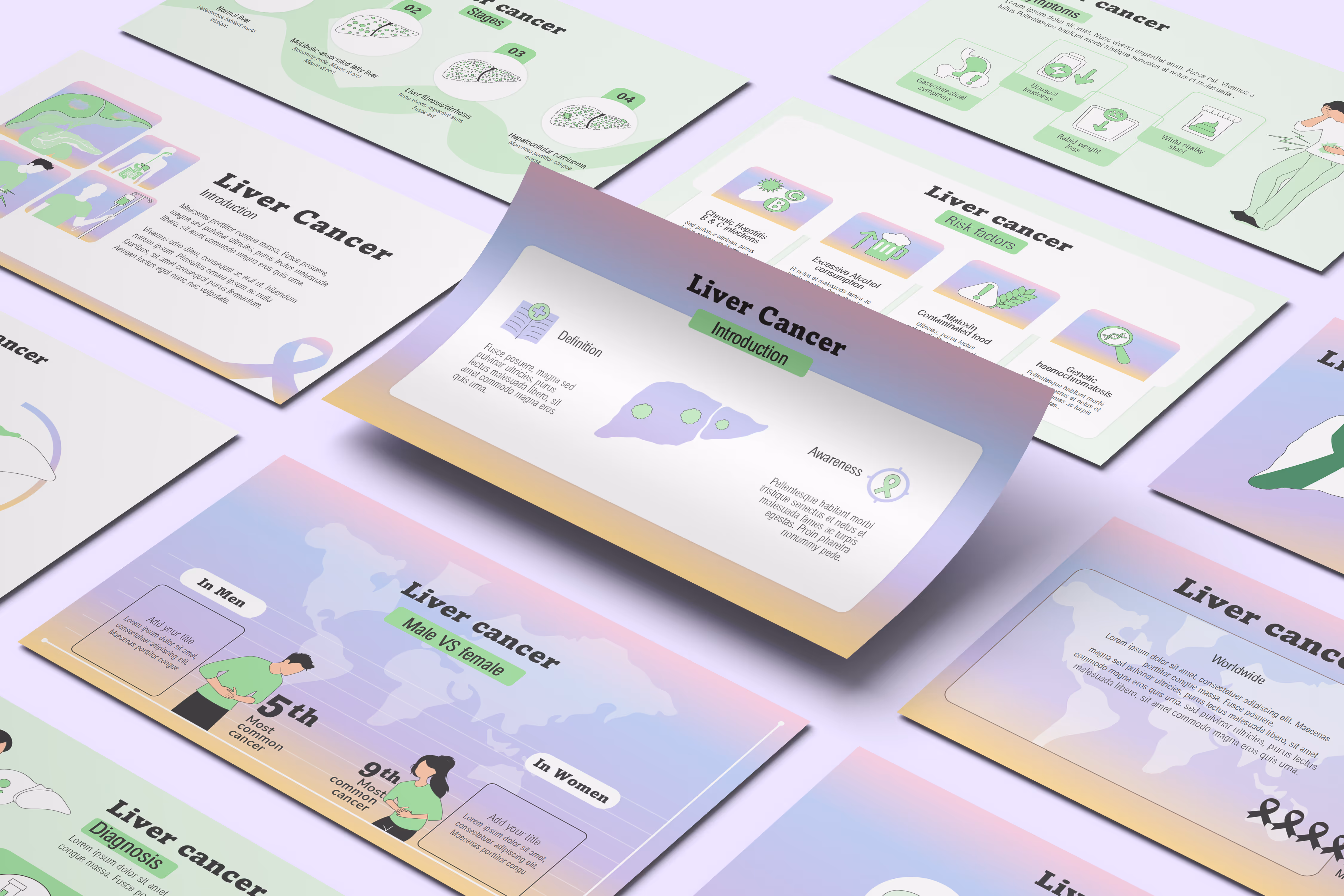 Editable animated liver cancer medical template slides with hepatocellular carcinoma diagrams and clinical visuals for oncology training