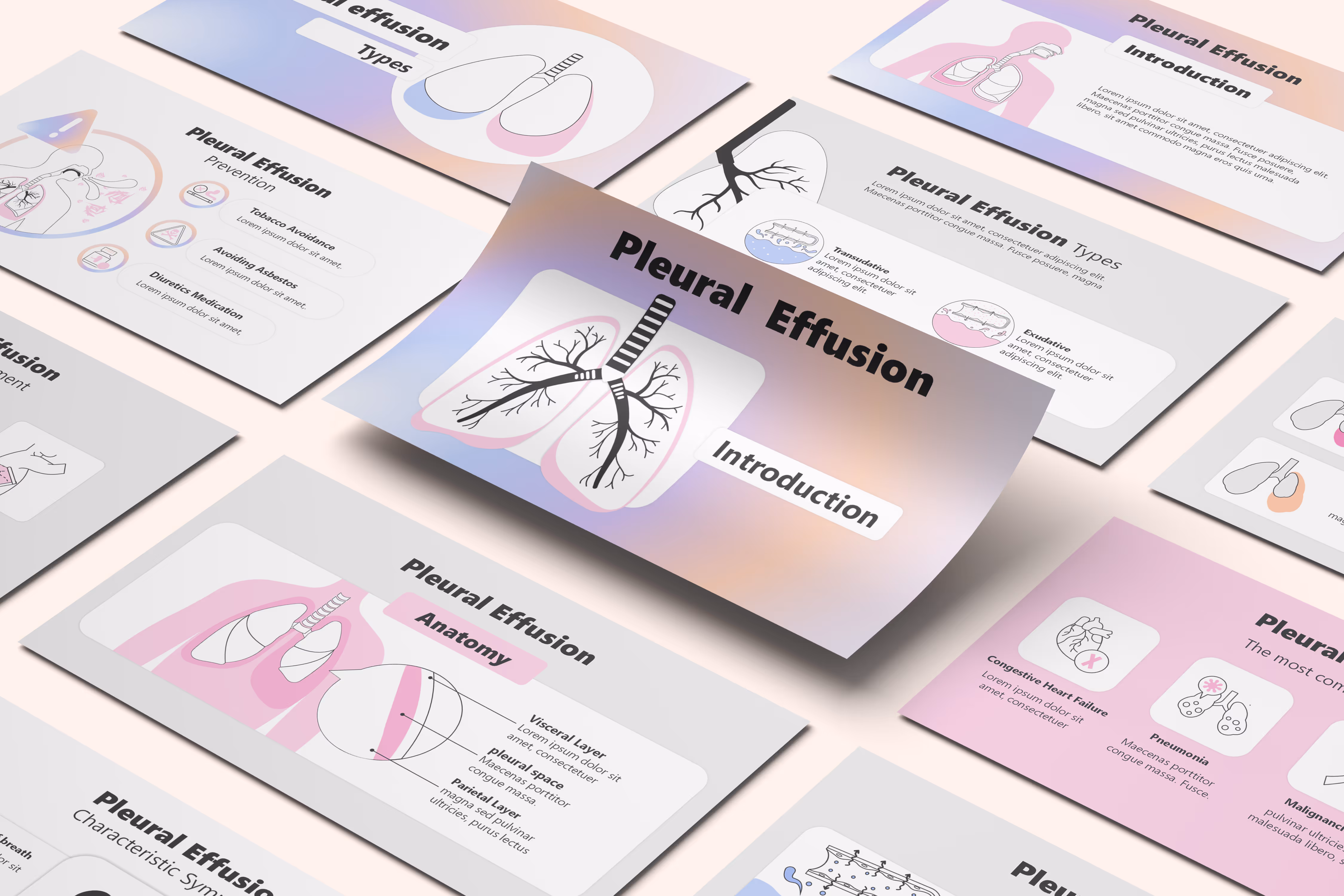 Editable animated pleural effusion medical template slides with respiratory anatomy diagrams and clinical visuals for pulmonology training