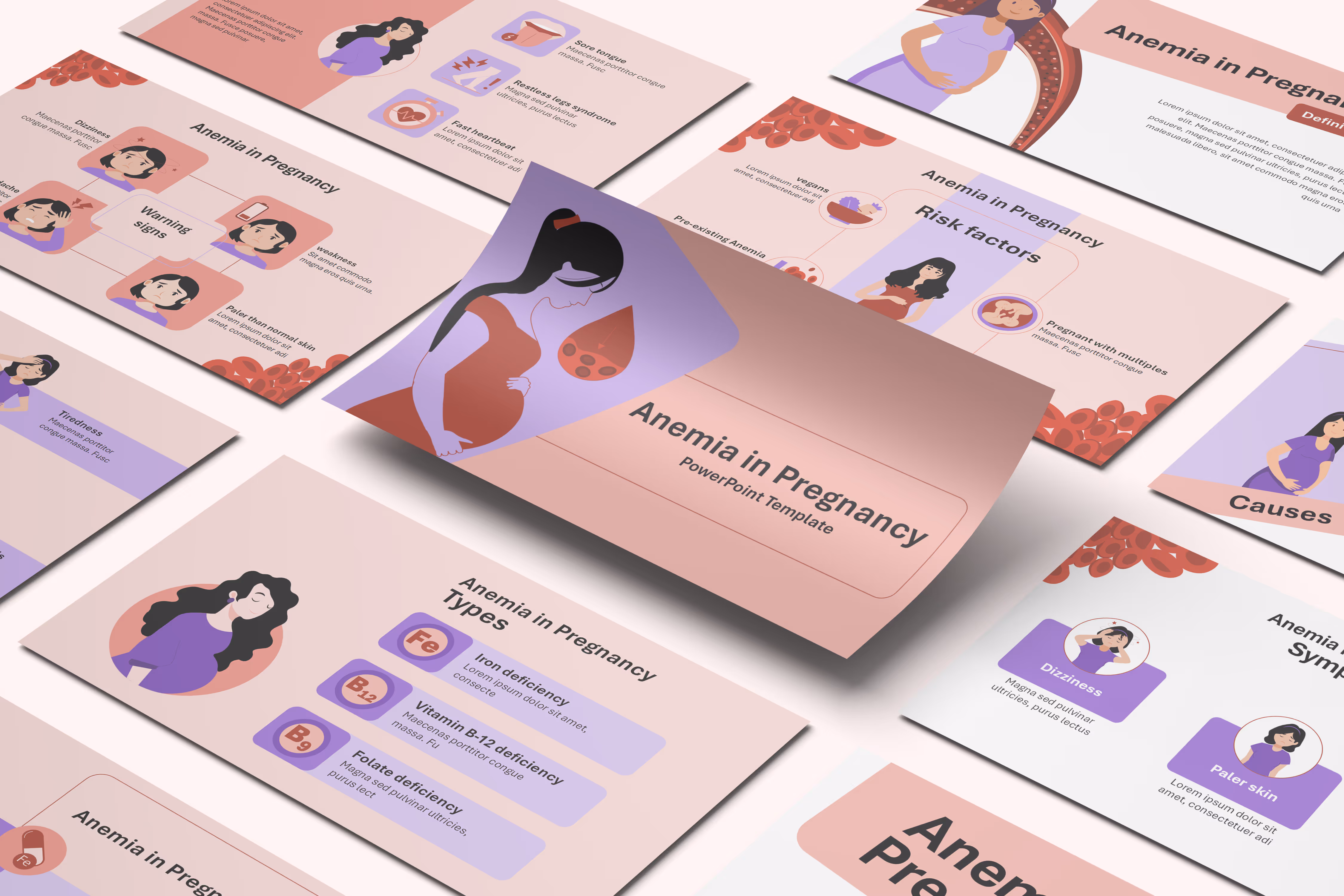 Editable animated pregnancy anemia medical template slides with maternal health diagrams and clinical visuals for OB-GYN training