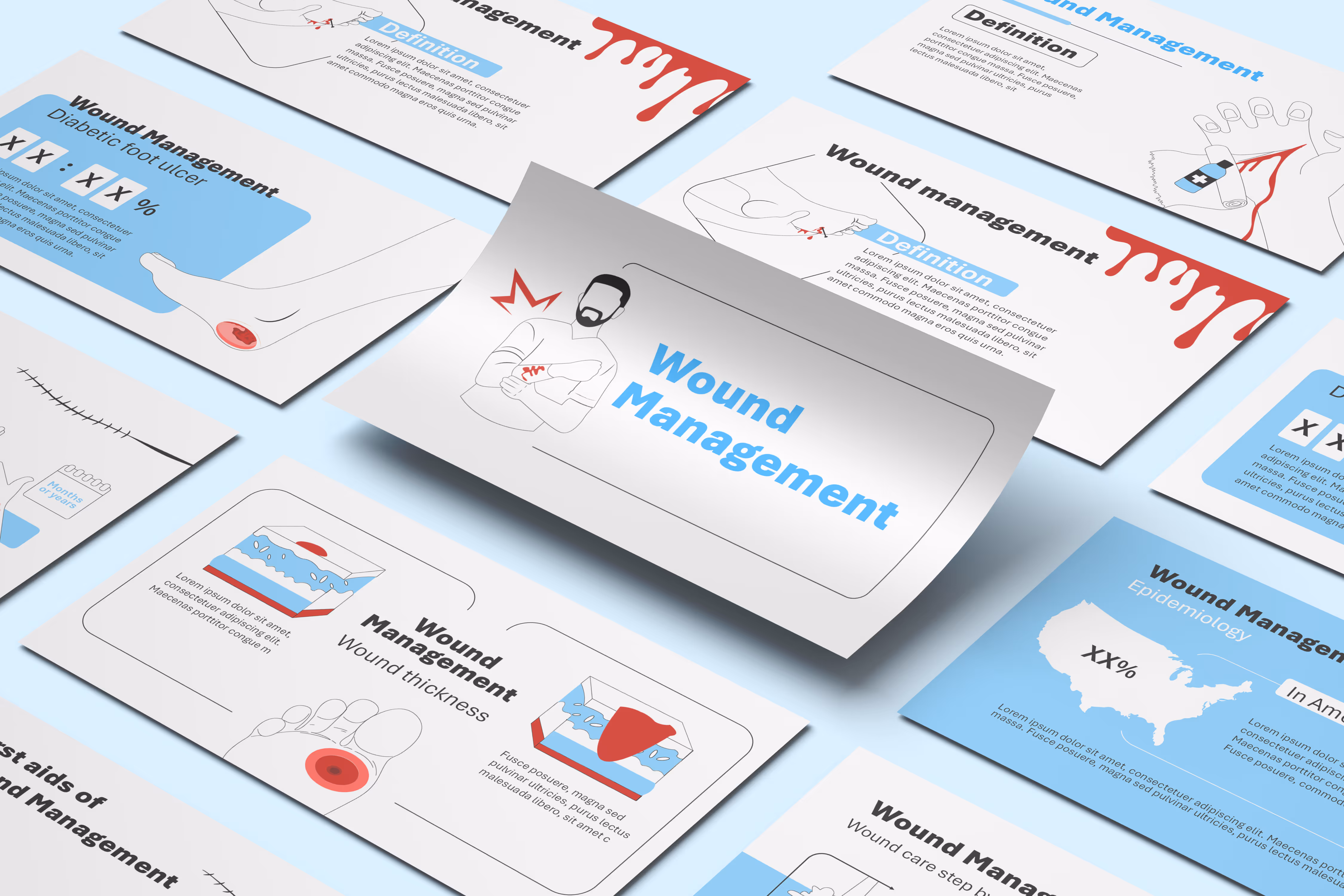 Editable animated wound management medical template slides with wound healing diagrams and clinical visuals for healthcare training
