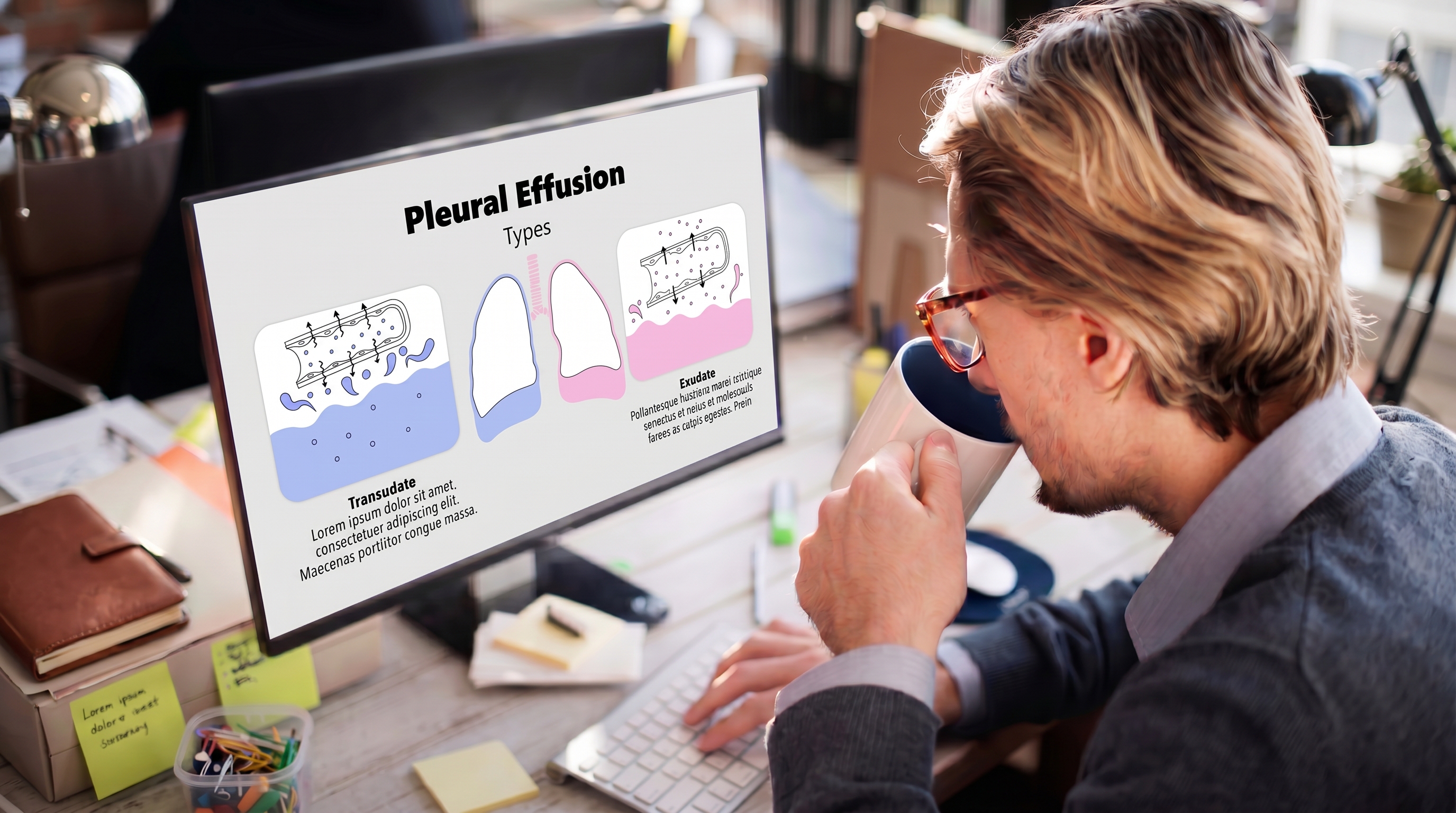 Pleural effusion transudate and exudate slide template for respiratory training