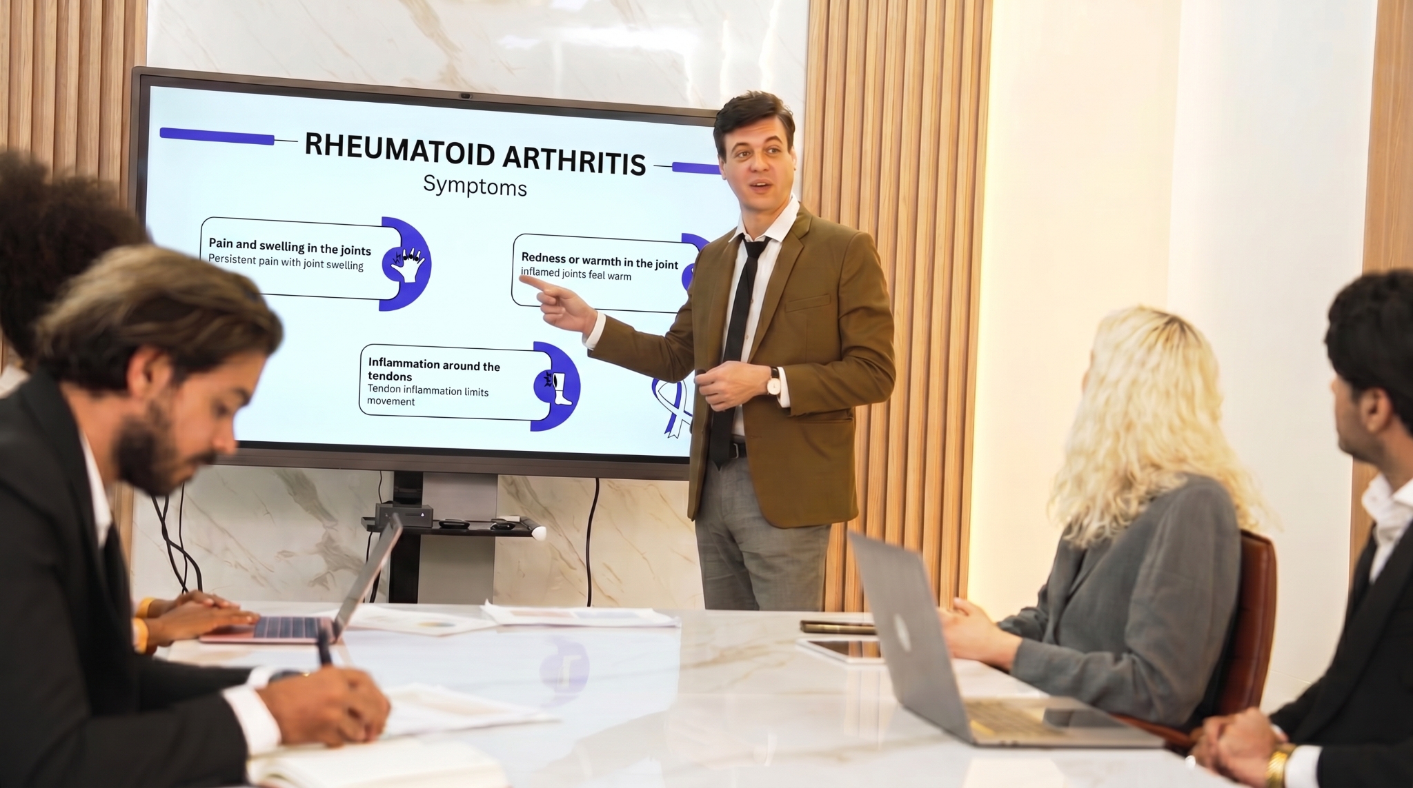 Rheumatoid arthritis joint inflammation slide template for healthcare workshops and rheumatology training sessions