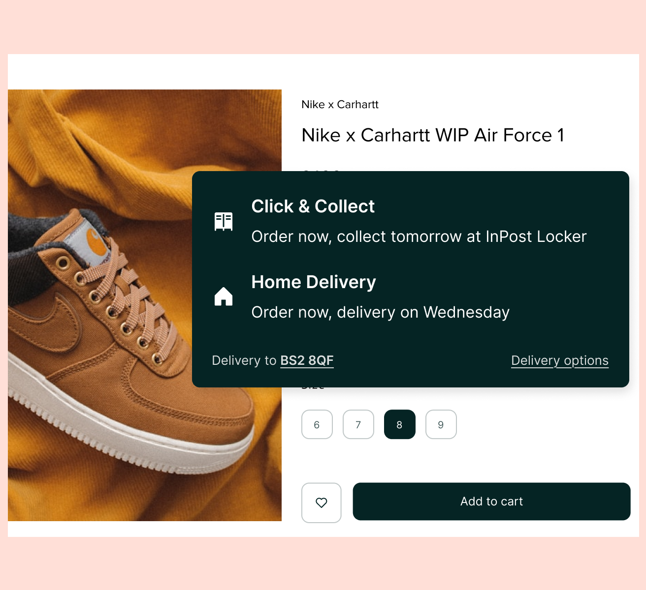 Zenstores Convert showing click & collect via InPost and Home Delivery options on a Shopify product page