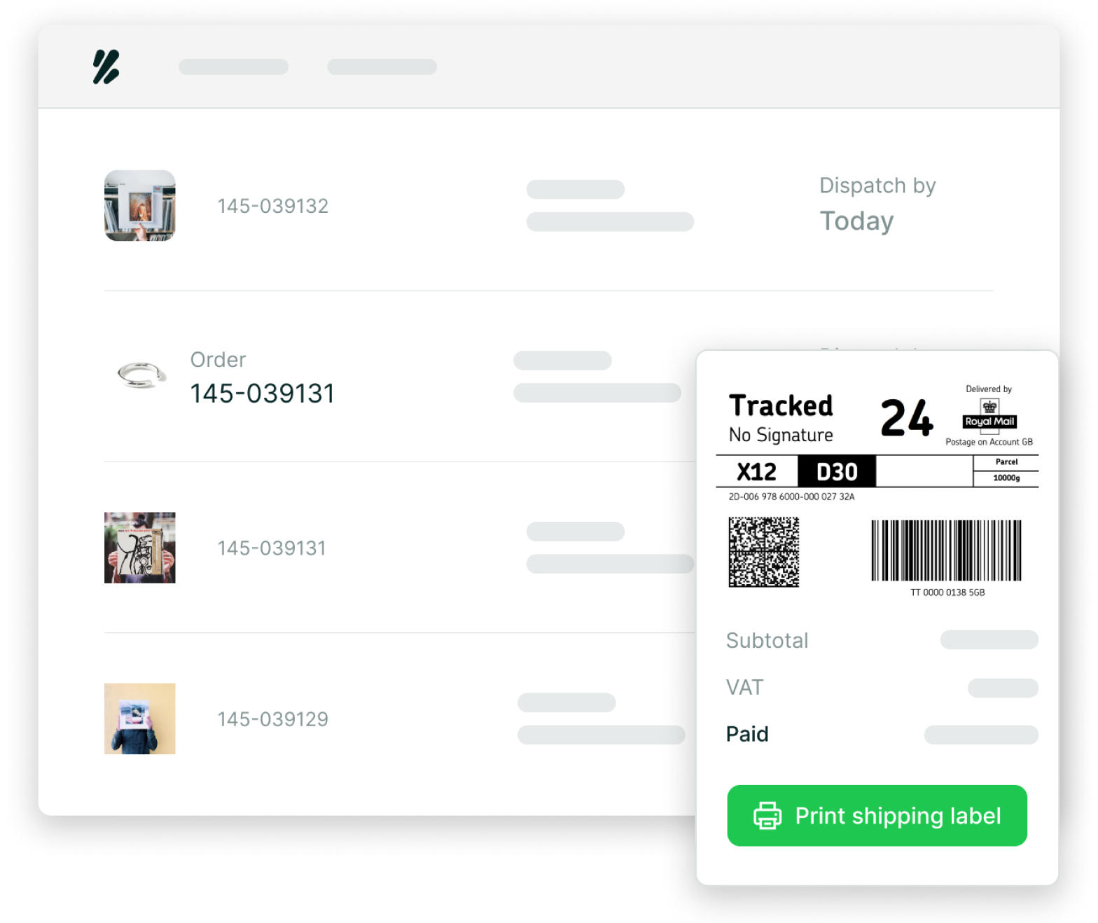 Bulk Royal Mail label printing in the Zenstores dashboard, showing multiple orders queued and ready to print