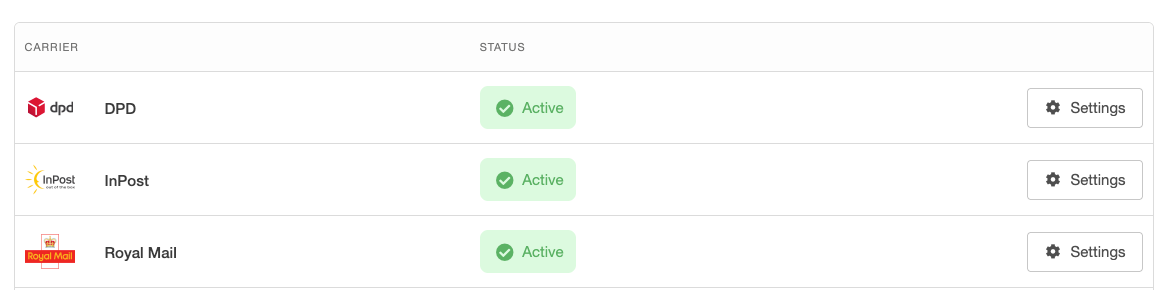 Royal Mail shown as a connected carrier in Zenstores account settings alongside other UK carriers