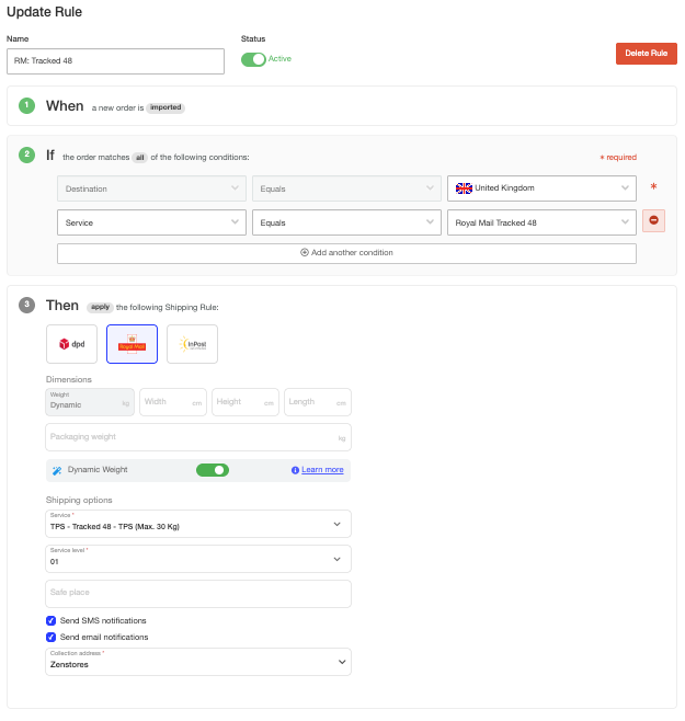 Zenstores shipping rule showing Royal Mail Tracked 48 automatically assigned to orders matching specific weight and order criteria