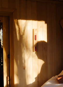 Shadow of a person on a wooden wall with a thermometer in sunlight near a door.