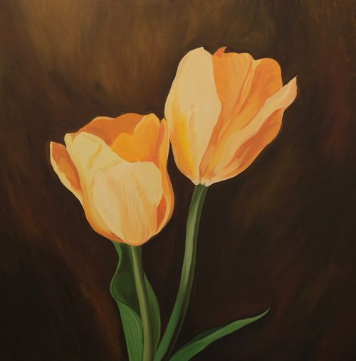 Oil painting with two yellow tulips touching each other as if they were kissing againts the dar brown background.