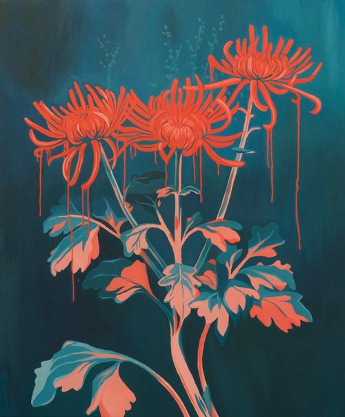 Vivid red bleeding chrysantemum flowers on the dark blue background