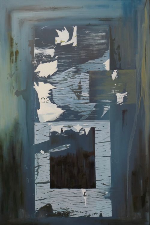 Painting by Zuzanna Rajewska depicting a wall in Largo do Intendente with leftovers of multiple posters that create an intriguing abstract composition