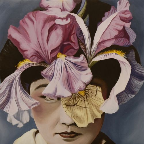 Painting of Zuzanna Rajewska depicting a vintage portrait of a Japanese woman who's face is partially covered with pink irys flowers.