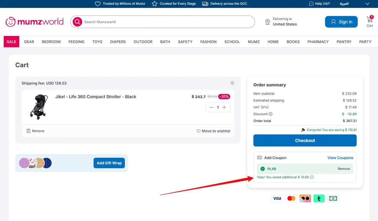 Click Apply to see the new total with the discount